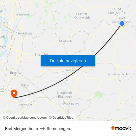 Bad Mergentheim to Remchingen map