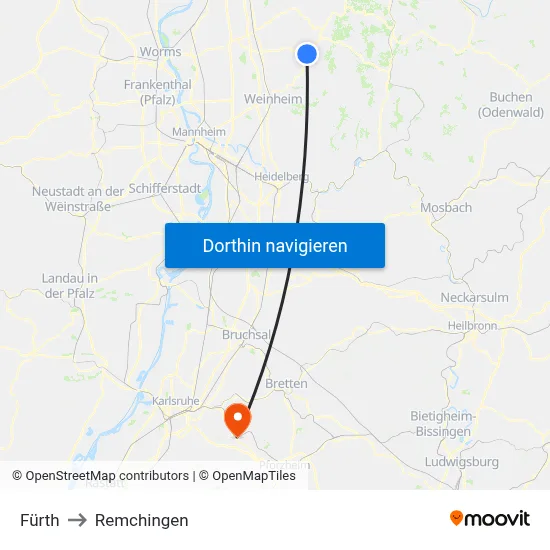 Fürth to Remchingen map