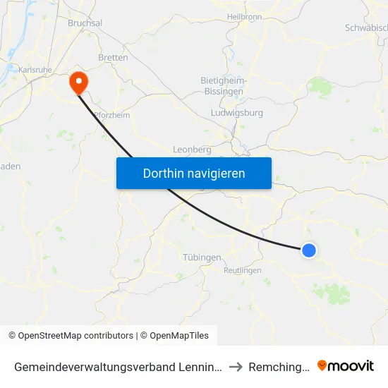 Gemeindeverwaltungsverband Lenningen to Remchingen map