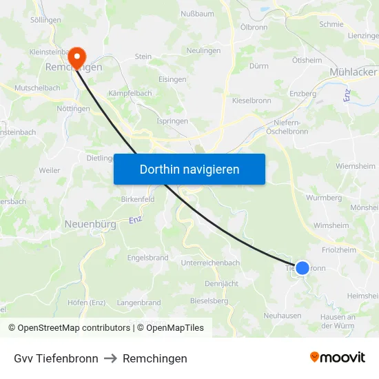 Gvv Tiefenbronn to Remchingen map