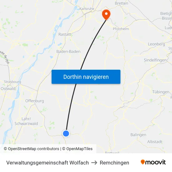 Verwaltungsgemeinschaft Wolfach to Remchingen map