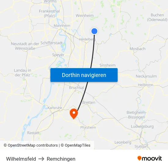 Wilhelmsfeld to Remchingen map