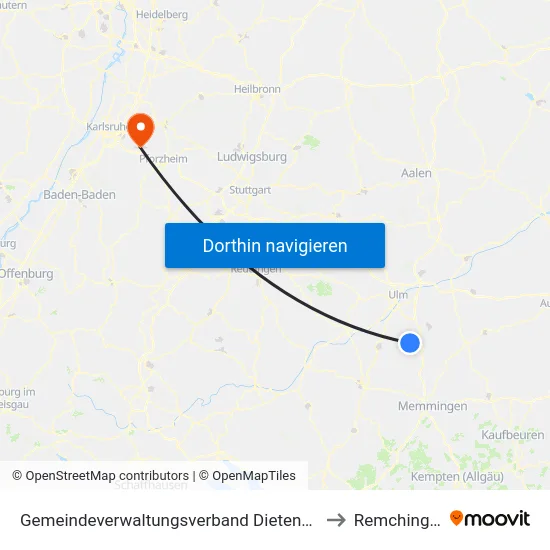 Gemeindeverwaltungsverband Dietenheim to Remchingen map