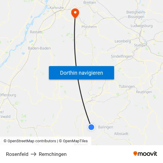Rosenfeld to Remchingen map