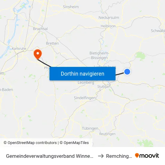Gemeindeverwaltungsverband Winnenden to Remchingen map
