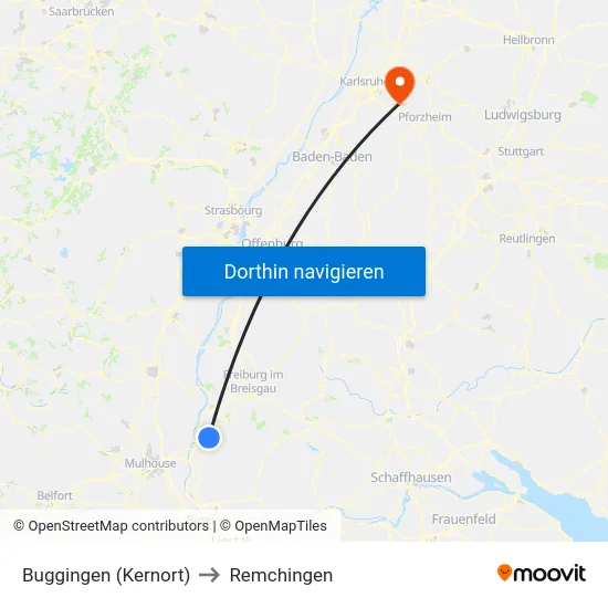 Buggingen (Kernort) to Remchingen map