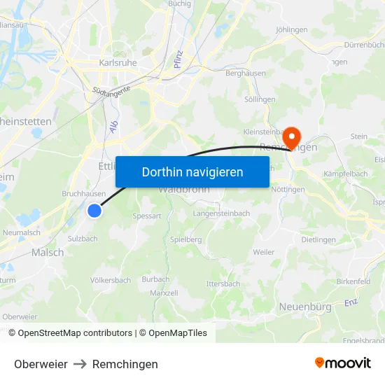 Oberweier to Remchingen map