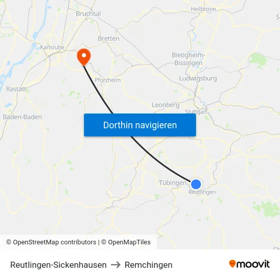 Reutlingen-Sickenhausen to Remchingen map