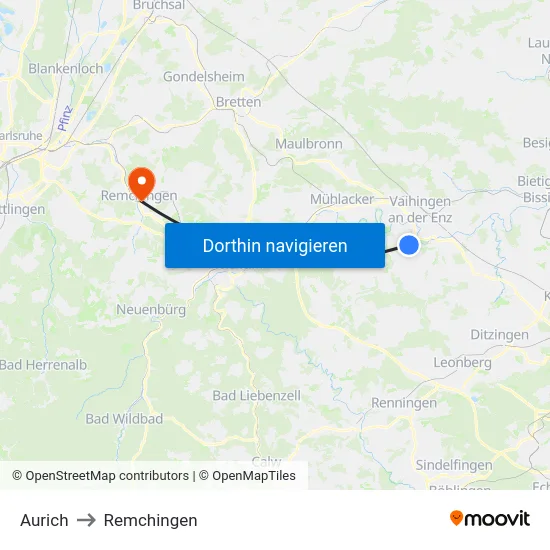 Aurich to Remchingen map