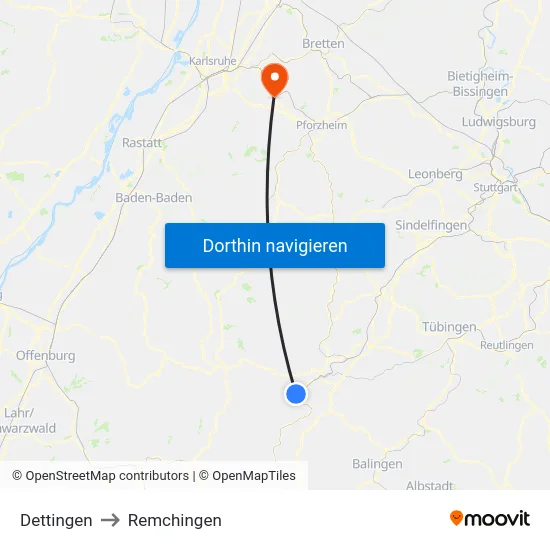 Dettingen to Remchingen map