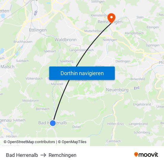 Bad Herrenalb to Remchingen map