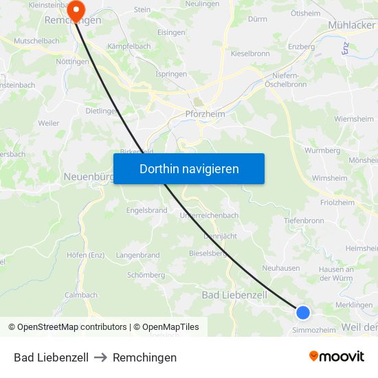 Bad Liebenzell to Remchingen map