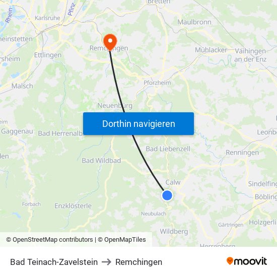 Bad Teinach-Zavelstein to Remchingen map