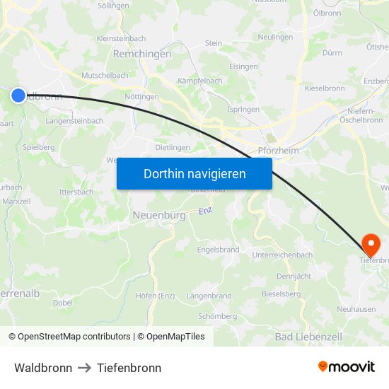 Waldbronn to Tiefenbronn map