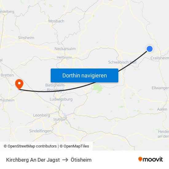Kirchberg An Der Jagst to Ötisheim map