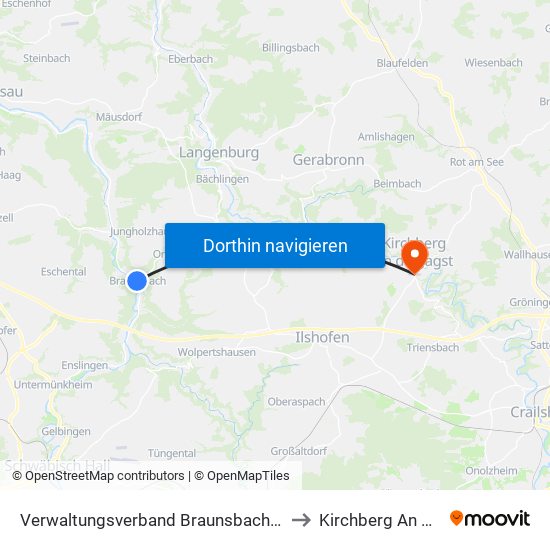 Verwaltungsverband Braunsbach-Untermünkheim to Kirchberg An Der Jagst map
