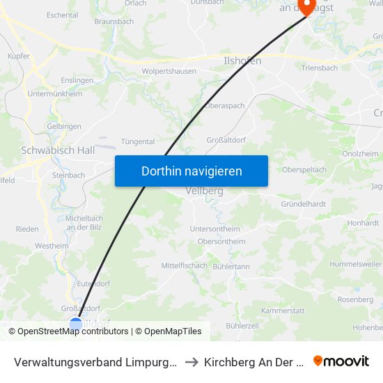 Verwaltungsverband Limpurger Land to Kirchberg An Der Jagst map