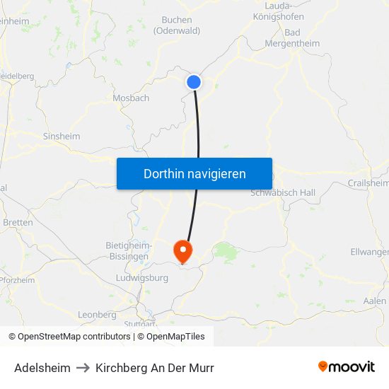 Adelsheim to Kirchberg An Der Murr map