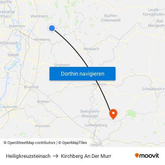 Heiligkreuzsteinach to Kirchberg An Der Murr map