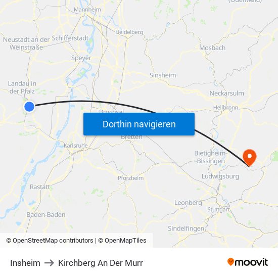 Insheim to Kirchberg An Der Murr map