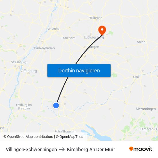 Villingen-Schwenningen to Kirchberg An Der Murr map