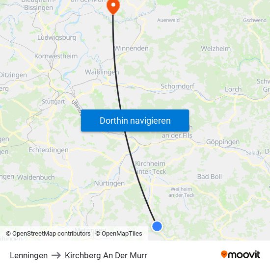 Lenningen to Kirchberg An Der Murr map