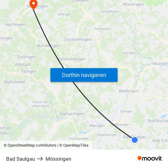 Bad Saulgau to Mössingen map