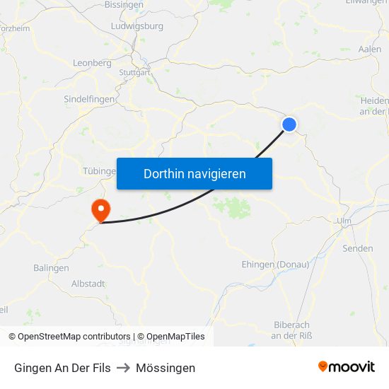 Gingen An Der Fils to Mössingen map