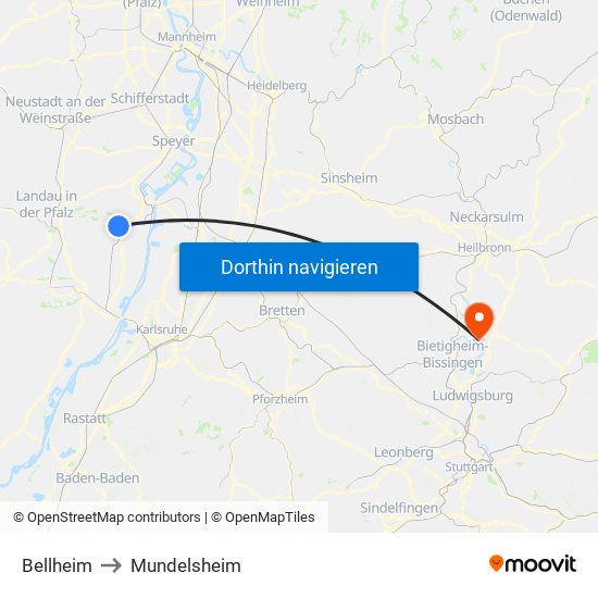 Bellheim to Mundelsheim map