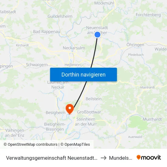 Verwaltungsgemeinschaft Neuenstadt am Kocher to Mundelsheim map