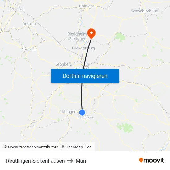 Reutlingen-Sickenhausen to Murr map