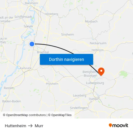 Huttenheim to Murr map