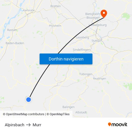 Alpirsbach to Murr map