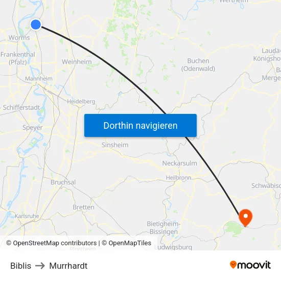 Biblis to Murrhardt map