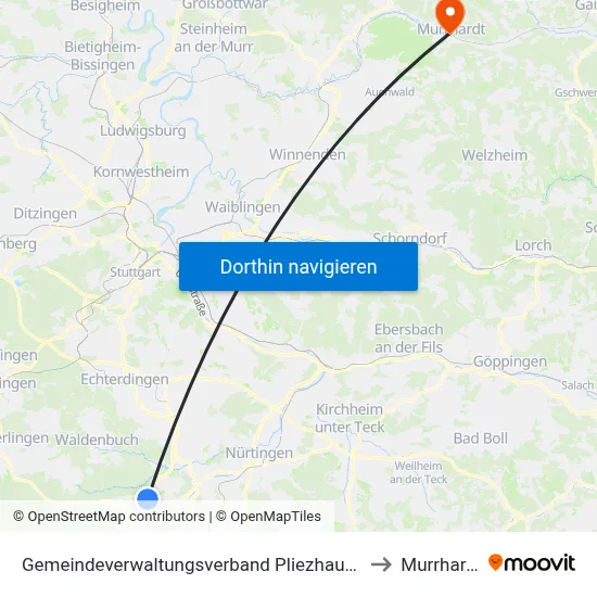 Gemeindeverwaltungsverband Pliezhausen to Murrhardt map