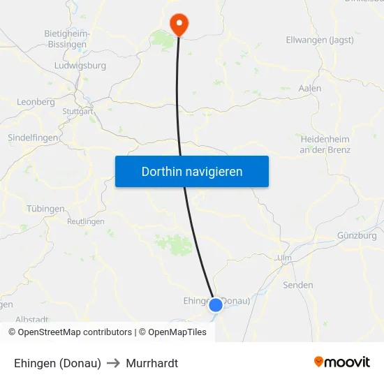 Ehingen (Donau) to Murrhardt map