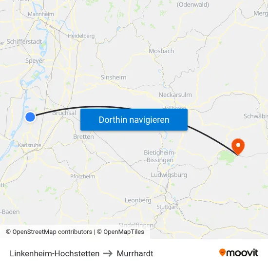 Linkenheim-Hochstetten to Murrhardt map
