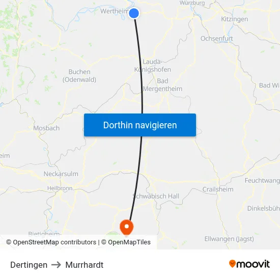 Dertingen to Murrhardt map
