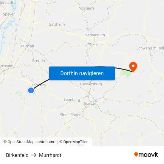 Birkenfeld to Murrhardt map