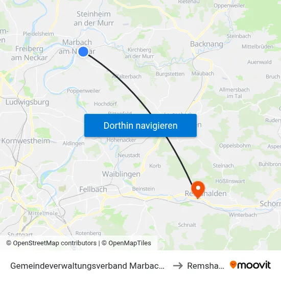 Gemeindeverwaltungsverband Marbach am Neckar to Remshalden map