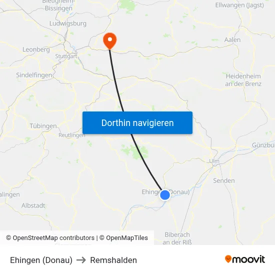 Ehingen (Donau) to Remshalden map
