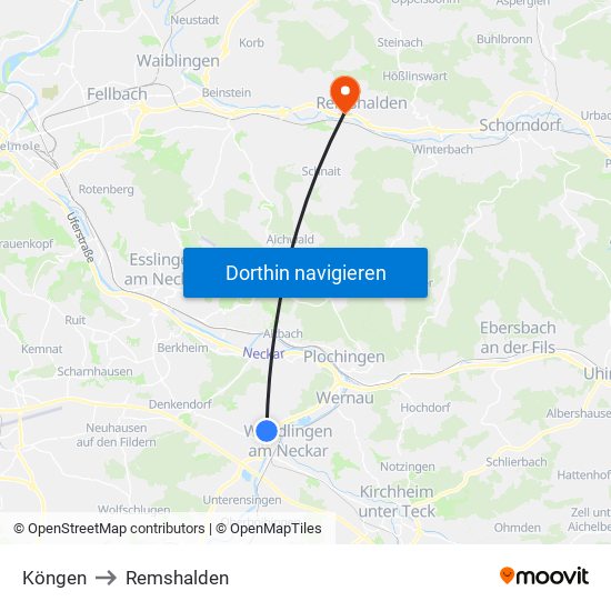 Köngen to Remshalden map