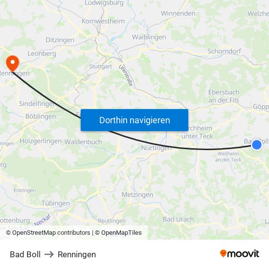 Bad Boll to Renningen map