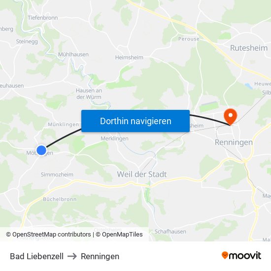 Bad Liebenzell to Renningen map