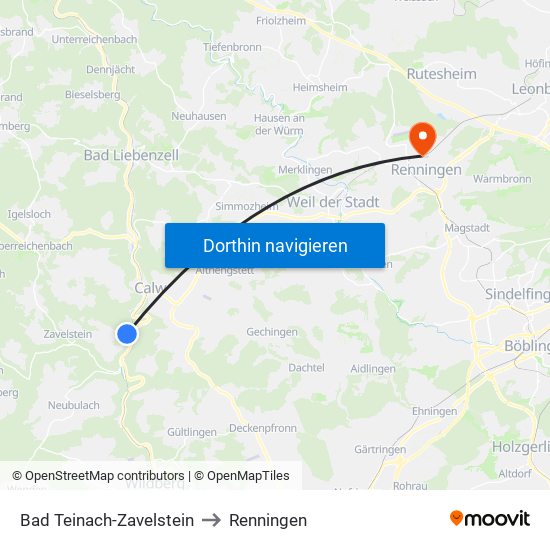 Bad Teinach-Zavelstein to Renningen map