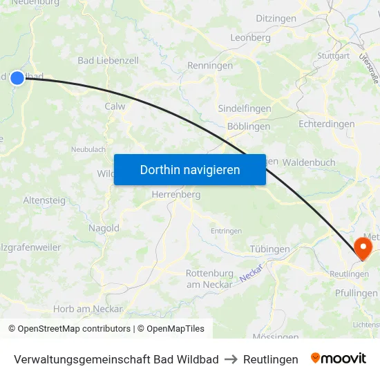 Verwaltungsgemeinschaft Bad Wildbad to Reutlingen map