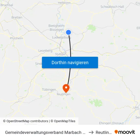 Gemeindeverwaltungsverband Marbach am Neckar to Reutlingen map