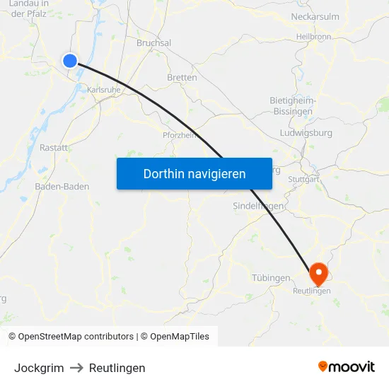 Jockgrim to Reutlingen map