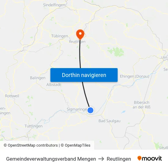 Gemeindeverwaltungsverband Mengen to Reutlingen map