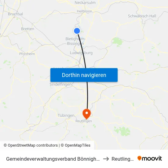 Gemeindeverwaltungsverband Bönnigheim to Reutlingen map